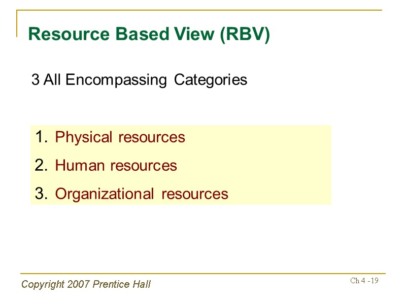 Copyright 2007 Prentice Hall Ch 4 -19 Resource Based View (RBV) 3 All Encompassing